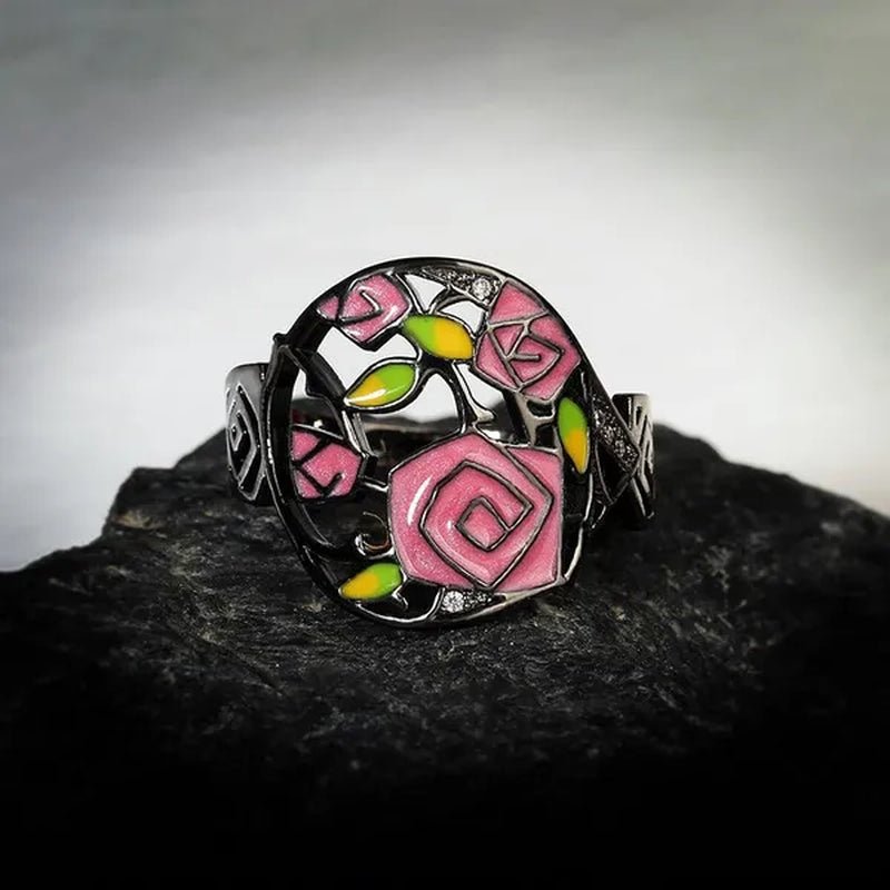 Fashion Personality Black Rose Lady Flower Ring 925 Silver Jewelry Hand - painted Oil Painting Handmade Enamel Ring Women Jewelry - WORLD TIME VISITS