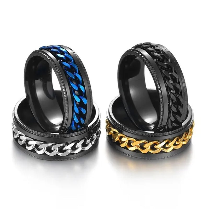 Fashion Punk Stainless Steel 8mm Rings for Men Chain Rings Biker Grooved Edge, Size 5 - 13 - WORLD TIME VISITS
