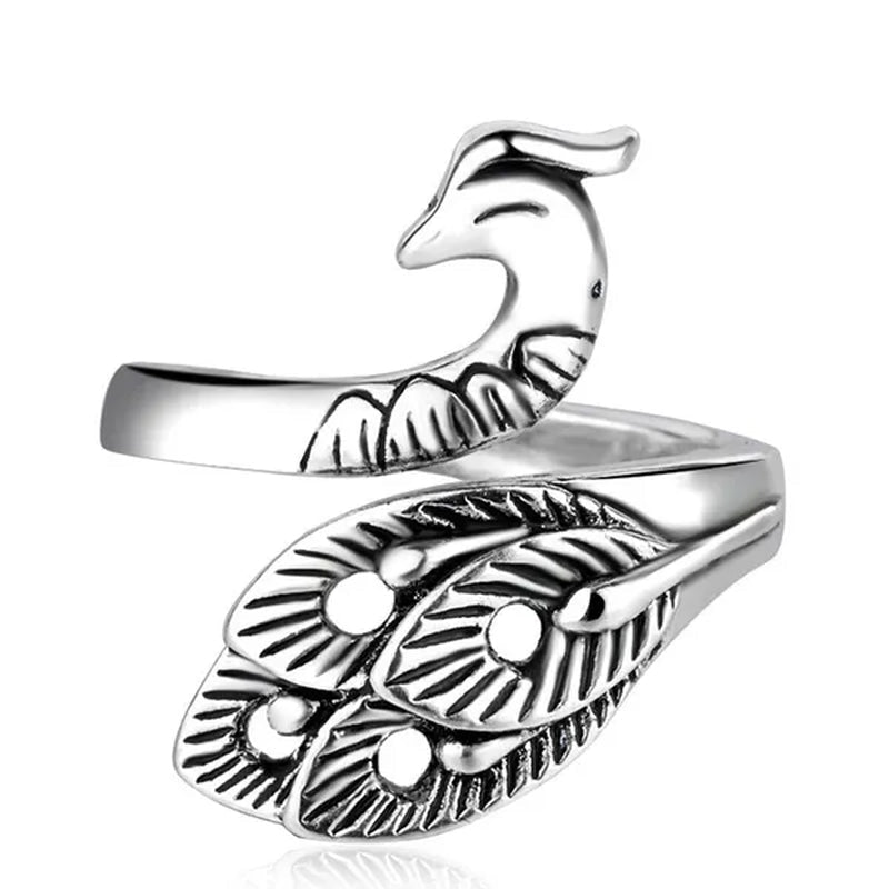 Fashion Retro 925 Sterling Silver Peacock Phoenix Open Adjustable Ring Women's Cocktail Party Animal Ring