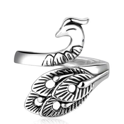 Fashion Retro 925 Sterling Silver Peacock Phoenix Open Adjustable Ring Women's Cocktail Party Animal Ring