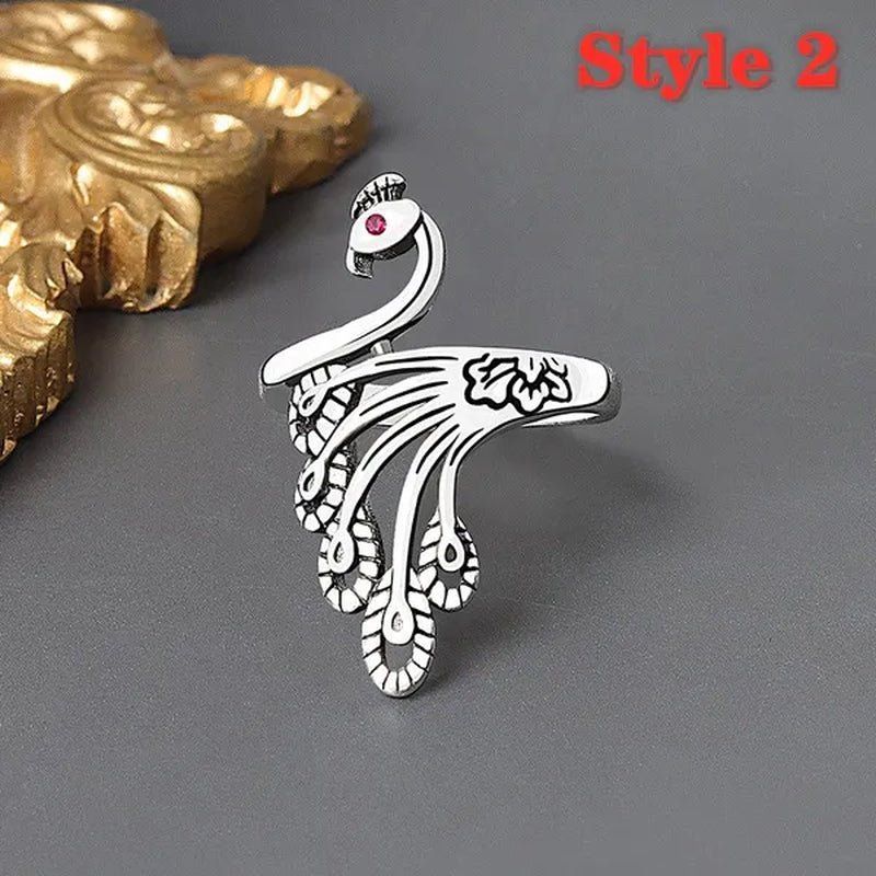 Fashion Retro 925 Sterling Silver Peacock Phoenix Open Adjustable Ring Women's Cocktail Party Animal Ring