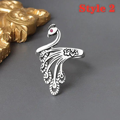 Fashion Retro 925 Sterling Silver Peacock Phoenix Open Adjustable Ring Women's Cocktail Party Animal Ring