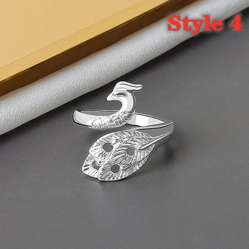 Fashion Retro 925 Sterling Silver Peacock Phoenix Open Adjustable Ring Women's Cocktail Party Animal Ring