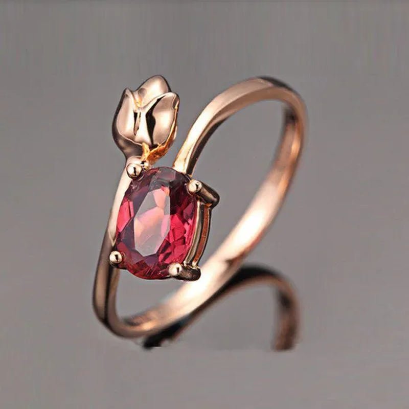 Fashion Rose Gold Tulip Ruby Ring Zircon Ring Engagement Ring Gift Lover Party Wedding Rings Size 6-10