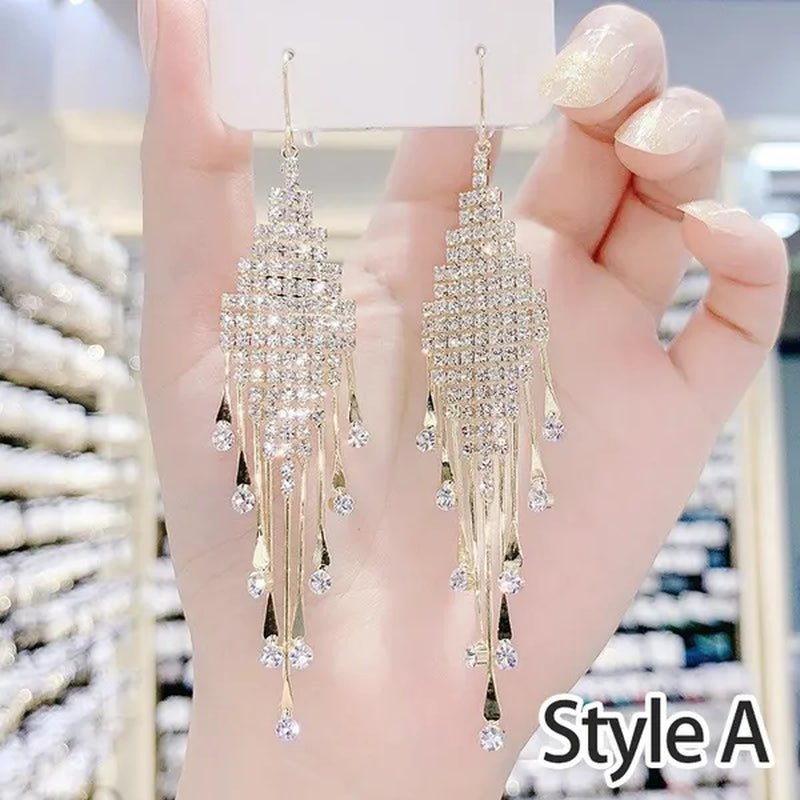 Fashion Women Clear Rhinestone Long Tassel Earrings 925 Silver Needle Temperament Earring Luxury Lady Party Drop Earrings - WORLD TIME VISITS