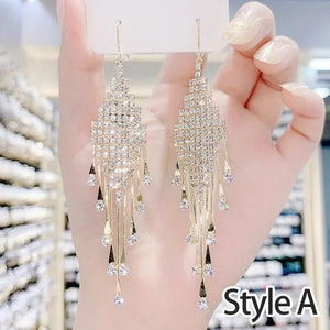 Fashion Women Clear Rhinestone Long Tassel Earrings 925 Silver Needle Temperament Earring Luxury Lady Party Drop Earrings