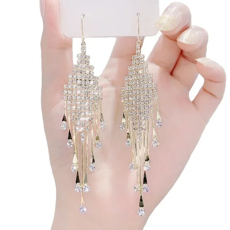Fashion Women Clear Rhinestone Long Tassel Earrings 925 Silver Needle Temperament Earring Luxury Lady Party Drop Earrings - WORLD TIME VISITS