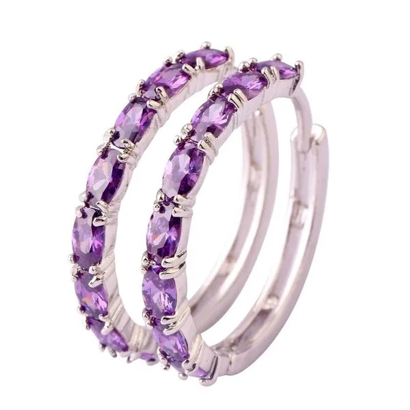Fashion Women Oval Cut Amethyst Pink & White & Blue Topaz & Black Spinel & Morganite & Sapphire Quartz & Spinel & Emerald & Gemstone Ear Clip Hoop Silver Earrings - WORLD TIME VISITS