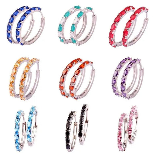 Fashion Women Oval Cut Amethyst Pink & White & Blue Topaz & Black Spinel & Morganite & Sapphire Quartz & Spinel & Emerald & Gemstone Ear Clip Hoop Silver Earrings - WORLD TIME VISITS