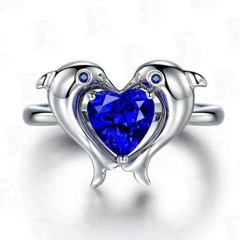 Fashion Women Ring Female Diamond Sapphire Crystal Dolphin Heart Shape Wedding Jewelry 925 Sterling Silver Wild Couple Ring - WORLD TIME VISITS