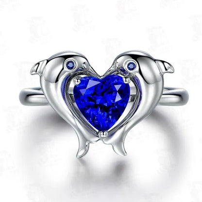 Fashion Women Ring Female Diamond Sapphire Crystal Dolphin Heart Shape Wedding Jewelry 925 Sterling Silver Wild Couple Ring - WORLD TIME VISITS