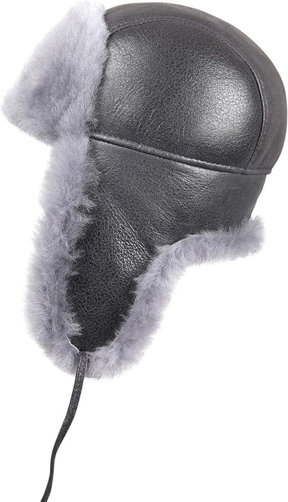 Leather Aviator Shearling Ushanka Trapper Hat Russian Sheepskin Cap Real Fur Winter Hat with Ear Flaps for Men Women
