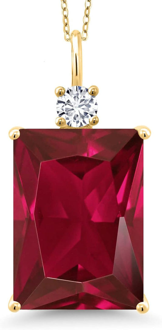 20.27 Cttw Red Created Ruby and White Lab Grown Diamond Pendant Necklace for Women in 18K Yellow Gold Plated Silver | Emerald Cut 18X13MM | with 18 Inch Silver Chain