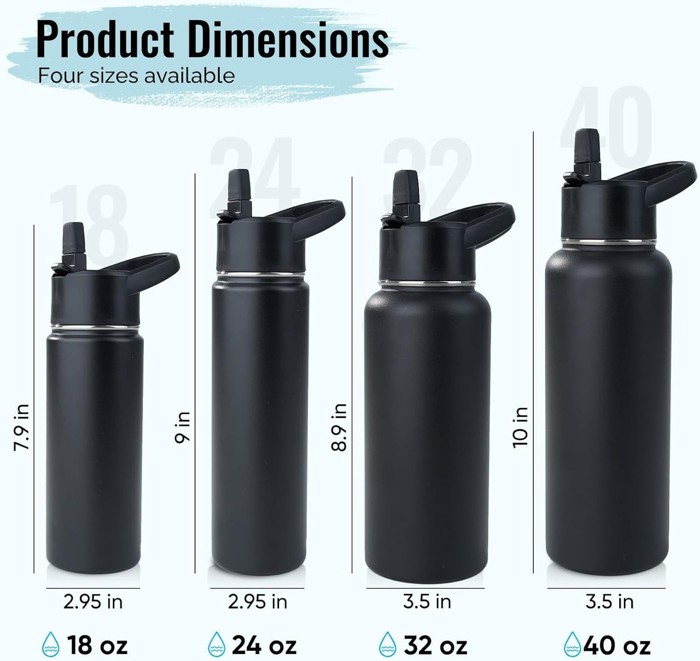 Stainless Steel Water Bottle with Straw & Wide Mouth Lid, Wide Rotating Handle, 24Oz Double Wall Vacuum Insulated Water Bottle Leak Proof, BPA Free, Keep Cold and Hot, 24Oz, Black - WORLD TIME VISITS