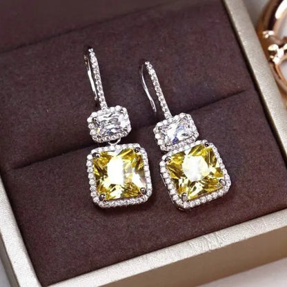 Fashion Women Square Citrine Vice Stone Diamond Earring Silver Plated White Sapphire Drop Earring Girl Wedding Anniversary Gift