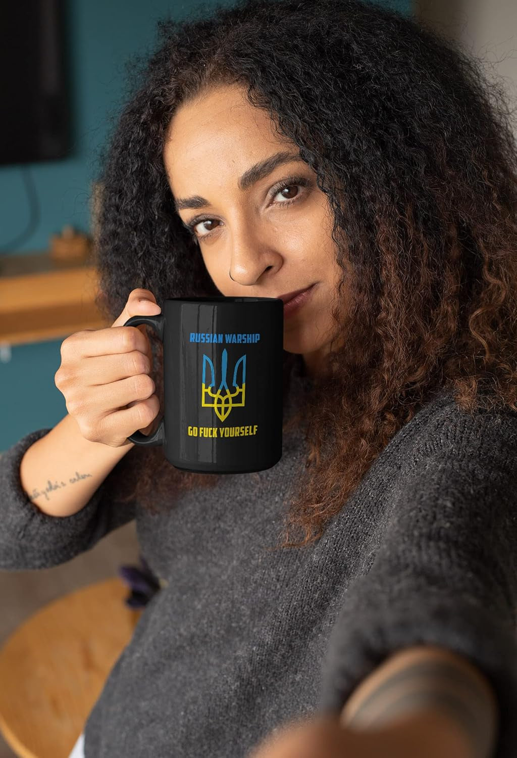 Design Ukraine'S Symbol Works with Russian Warship Go F-Ck Yourself Mug 15 Oz Black - WORLD TIME VISITS