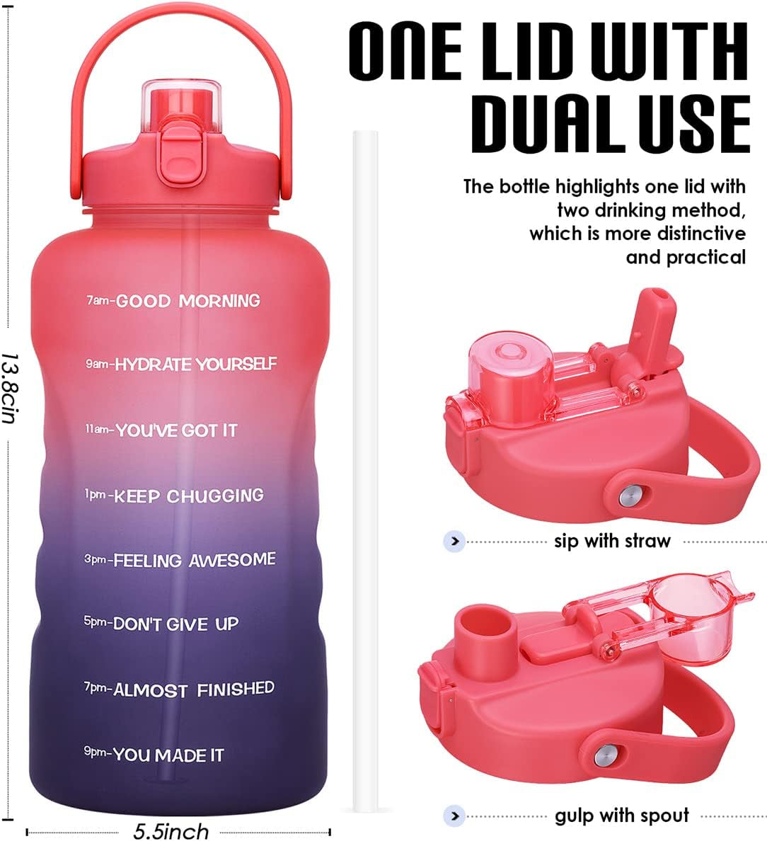 1 Gallon Water Bottles with Straw, 128 Oz / 3.8L Water Bottle BPA Free Innovative 2-IN-1 Lid Gym Bottle with Times to Drink Motivational, Large for Sports Fitness Camping Water Jug One Gallon