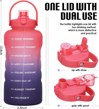 1 Gallon Water Bottles with Straw, 128 Oz / 3.8L Water Bottle BPA Free Innovative 2-IN-1 Lid Gym Bottle with Times to Drink Motivational, Large for Sports Fitness Camping Water Jug One Gallon