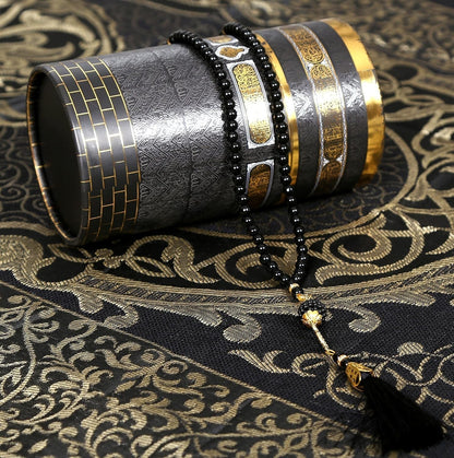 Muslim Prayer Rug Islam and Beads, Kaabe Design Box Eid Ramadan Gifts Islamic Set Carnal Salah Mat Taffeta Fabric Black Soft Prayer Mats Men and Women (Black)