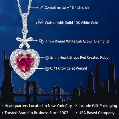 10K White Gold Red Created Ruby and White Lab Grown Diamond Pendant Necklace for Women (0.71 Cttw, Heart Shape 5MM, with 18 Inch Chain)