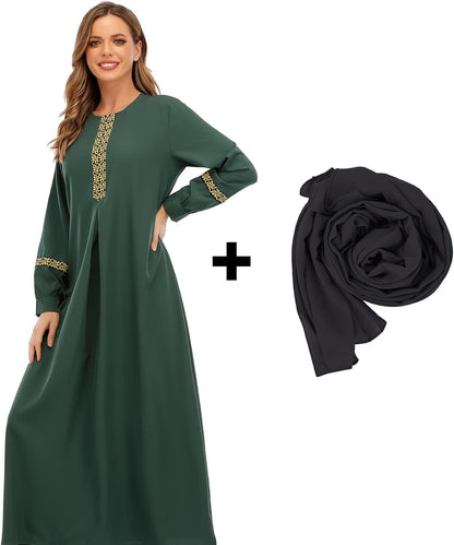 Womens Long Sleeve Ethnic Style Zipper Muslim Dresses Abaya with Hijabs