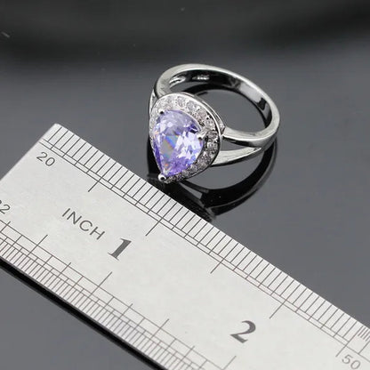 Water Drop Purple Amethyst White Topaz Zircon 925 Silver Wedding Jewelry Sets Necklace Pendant Long Earrings Rings for Women