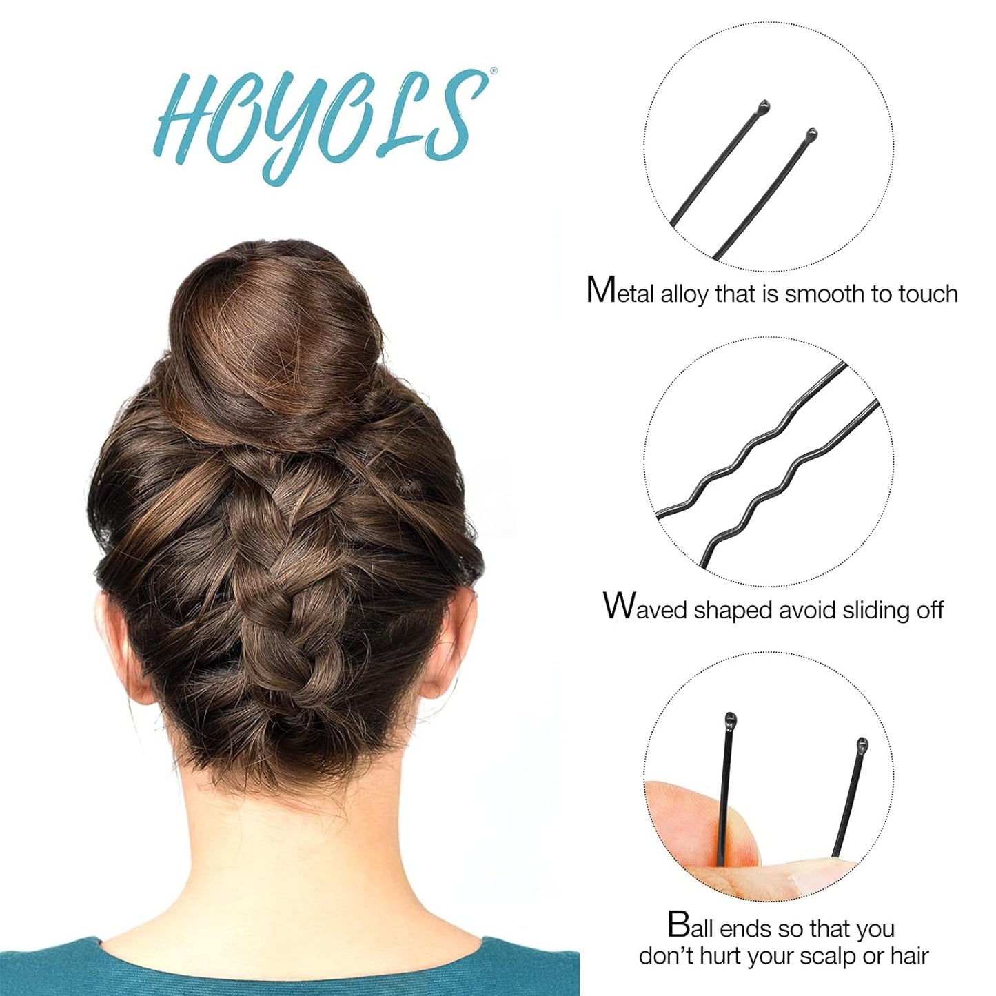U Shaped Hair Bobby Pins Assorted Size, Secure Hold Metal Bun Clips Crimped Design with Ball Tips for Women Girls Updo Thin Thick Hair, 150 Count (Black)