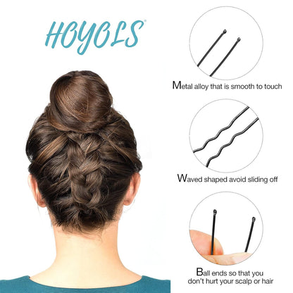 U Shaped Hair Bobby Pins Assorted Size, Secure Hold Metal Bun Clips Crimped Design with Ball Tips for Women Girls Updo Thin Thick Hair, 150 Count (Black)