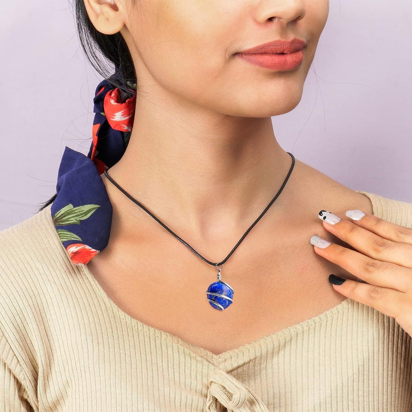 Lapis Lazuli Tumbled Stone Necklace Pendant Handmade Spiritual Jewelry for Women Reiki Chakra Healing Crystal Necklaces Gems Pendants Positive Energy Good Luck Gift Silver Wire Wrapped Crystals