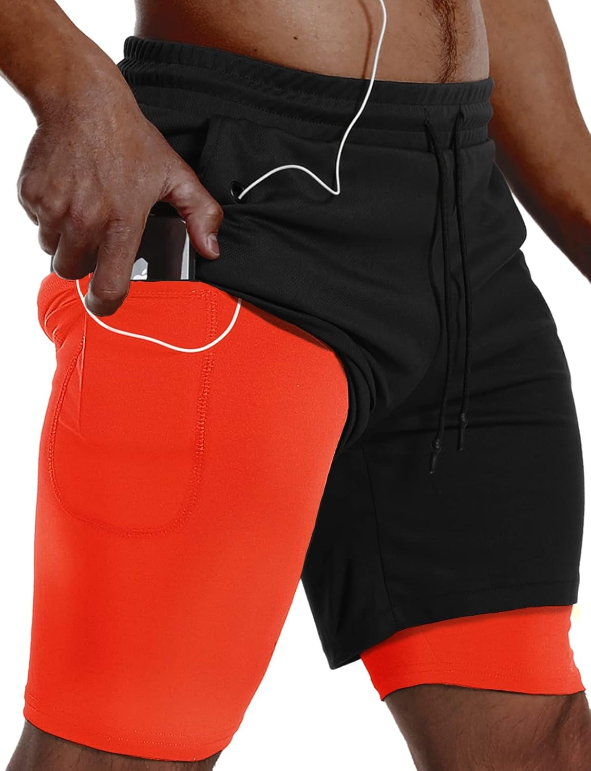 Mens 2 in 1 Running Shorts Quick Dry Gym Athletic Workout Shorts with Compression Liner