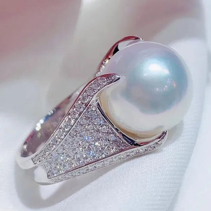 Luxury Noble 925 Solid Silver Micro Pave Diamond 4 Prong Setting Natural Pearl Rings for Women Bridal Wedding Party Ring Jewelry