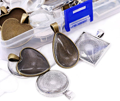 48-Pieces 4 Styles Pendant Trays 24Pcs round & Square & Heart & Teardrop and 24Pcs Bright Glass Cabochon Dome Tiles for Crafting DIY Jewelry Gift Making