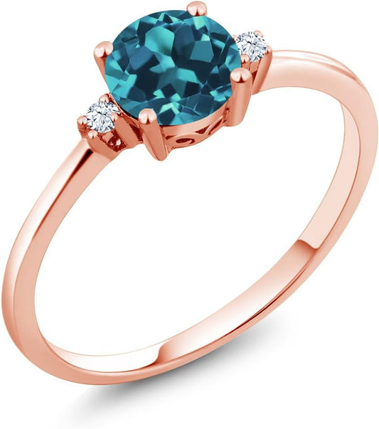 10K Rose Gold London Blue Topaz and White Created Sapphire Solitaire Engagement Ring for Women (0.78 Cttw, round 6MM, Gemstone November Birthstone, Available in Size 5,6,7,8,9) - WORLD TIME VISITS