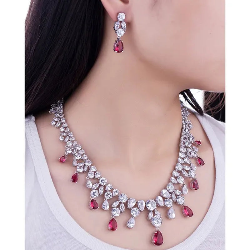 CANDICE Gorgeous Multi Cut CZ Stone Water Drop Tassel Necklace Earrings Set High Quality White Gold Plated Costume Jewelry Sets for Wedding Prom - WORLD TIME VISITS