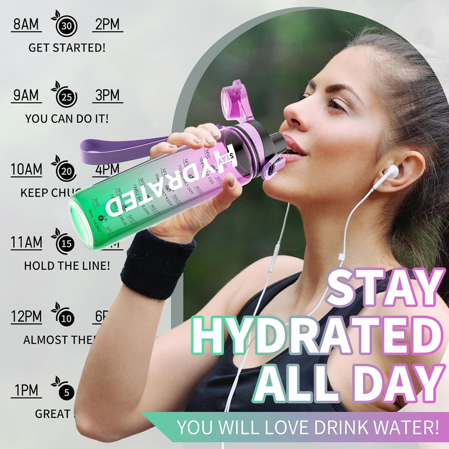 Water Bottle, 32 Oz Motivational Water Bottles with Time Marker-Tritan & BPA Free, Sports Water Bottle with Time to Drink & Strap, Wide Mouth, Leakproof -Gift for Christmas Gym Fitness & Outdoor