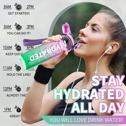 Water Bottle, 32 Oz Motivational Water Bottles with Time Marker-Tritan & BPA Free, Sports Water Bottle with Time to Drink & Strap, Wide Mouth, Leakproof -Gift for Christmas Gym Fitness & Outdoor