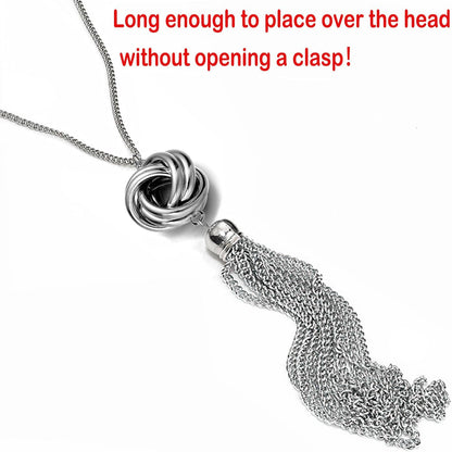 Long Tassel Necklace Silver Tone Lovely Knot Tassel Pendant Knot Snake Chain for Women