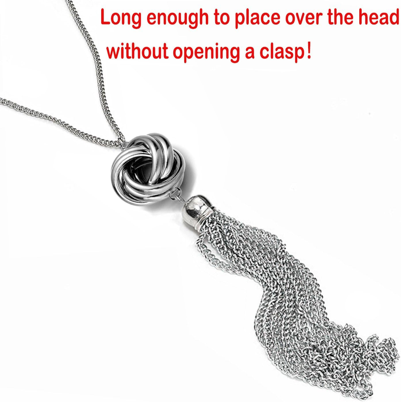 Long Tassel Necklace Silver Tone Lovely Knot Tassel Pendant Knot Snake Chain for Women