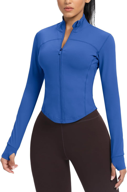 Women'S Cropped Running Workout Jackets Zip Slim Fit Athletic Tops with Thumb Holes - WORLD TIME VISITS