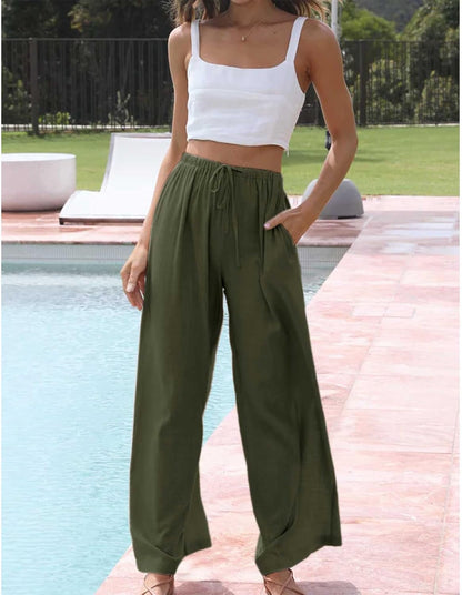Womens Cotton Linen Palazzo Pants Drawstring Elastic Waist Casual Wide Leg Trousers with Pockets