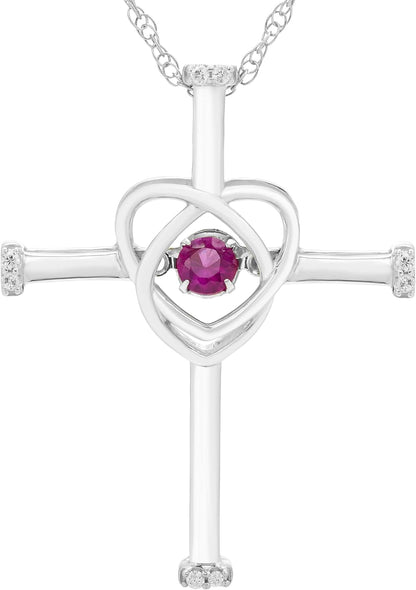 .925 Sterling Silver Gemstone Cross Pendant Necklace with Adjustable 18" Chain- Choice of Birthstone