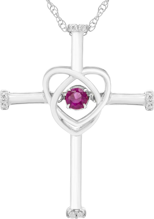 .925 Sterling Silver Gemstone Cross Pendant Necklace with Adjustable 18" Chain- Choice of Birthstone