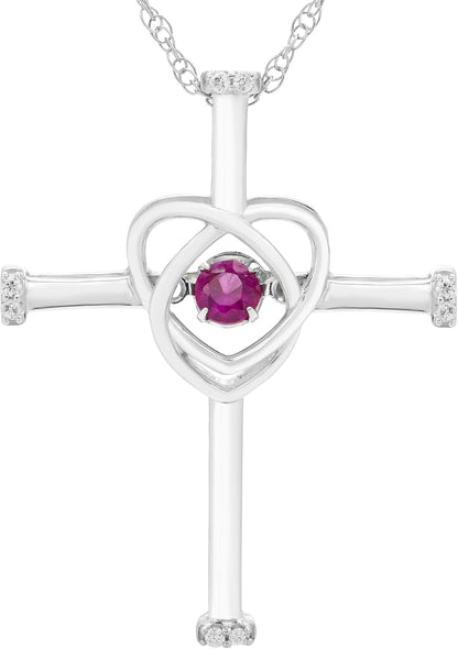 925 Sterling Silver Dancing Birthstone Gemstone & Diamond Orbit Heart Cross Pendant with 18" Rope Chain