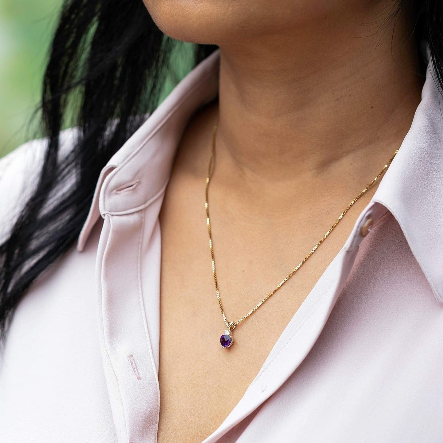 14K Yellow Gold Amethyst with Diamond Pendant for Women, Genuine Gemstone, Heart Shape Solitaire, 6Mm, 0.75 Carat Total, Real Amethyst Necklace, February Birthstone Necklace, W/Jewelry Box