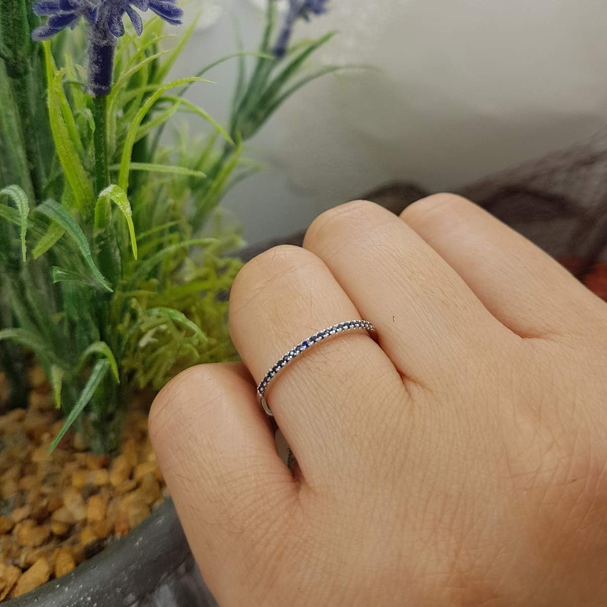 0.08 Cttw 10K round Blue Sapphire Womens Dainty Anniversary Wedding Stackable Ring, Solid White Gold