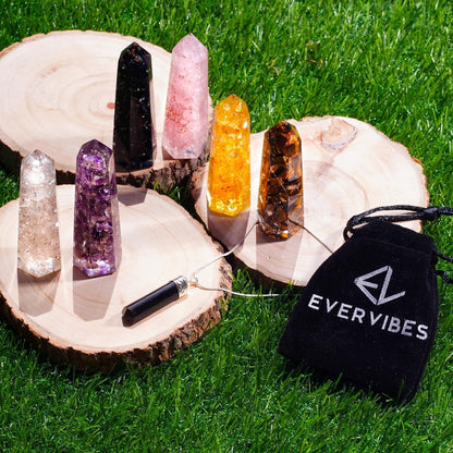 Healing Crystal Wand Set of 6 Orgonite – Includes 3” Amethyst Crystal, Tigers Eye, Rose Quartz, Black Tourmaline Stone, Citrine and Clear Quartz Orgone Crystal plus Black Tourmaline Necklace