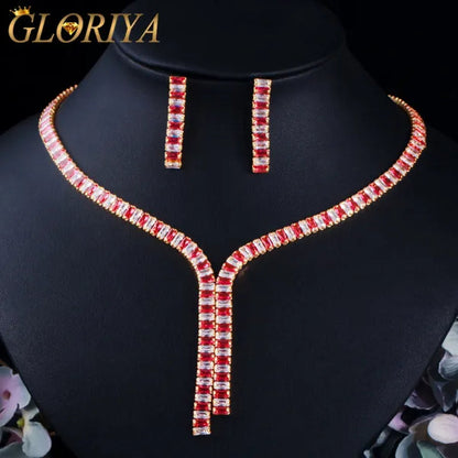 Gloriya Gorgeous Crystal Long Pendant Necklace Earrings Setting Yellow Gold Plated CZ Stone Ethiopian Indian Jewelry Set