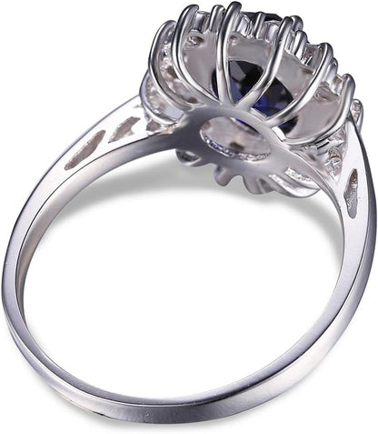 Princess Diana Kate Middleton Class Gemstone Birthstone Sapphire Halo Engagement Rings for Women, Anniversary 14K White Yellow Rose Gold Plated 925 Sterling Silver Promise Rings for Her