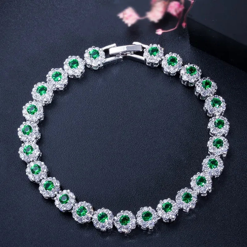 Gloriya Exquisite Silver Plated Fashion Hand Jewelry Pave Twinkling Multi Color Cubic Zirconia Crystal Party Flower Tennis Bracelet for Women (Free Extension)