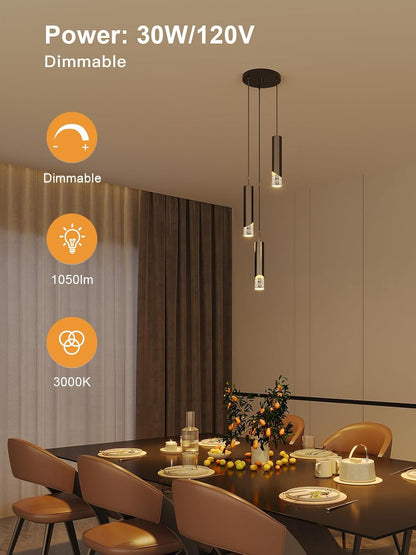 Modern Pendant Lights, 3-Lights Crystal Pendant Lighting for Kitchen Island, Dimmable Hanging Light Fixture with Adjustable Height for Kitchen, Dining Room, Bedroom (3-Lights, Black)